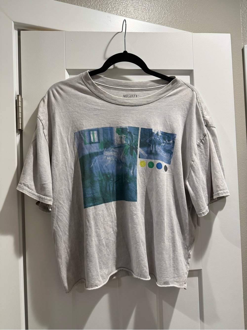 Mighty Fine Pale Gray Short Sleeve Tee with Blue & Green Graphic